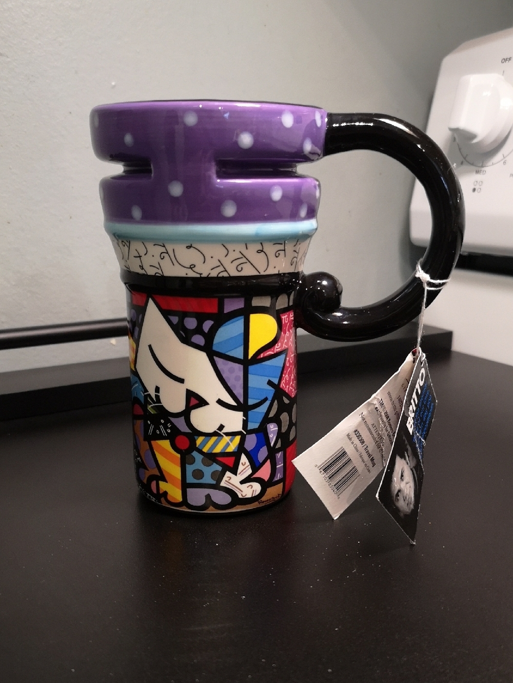 New with Tags Romeo Britto Art Abstract Ceramic Coffee Travel Mug Cat Design
